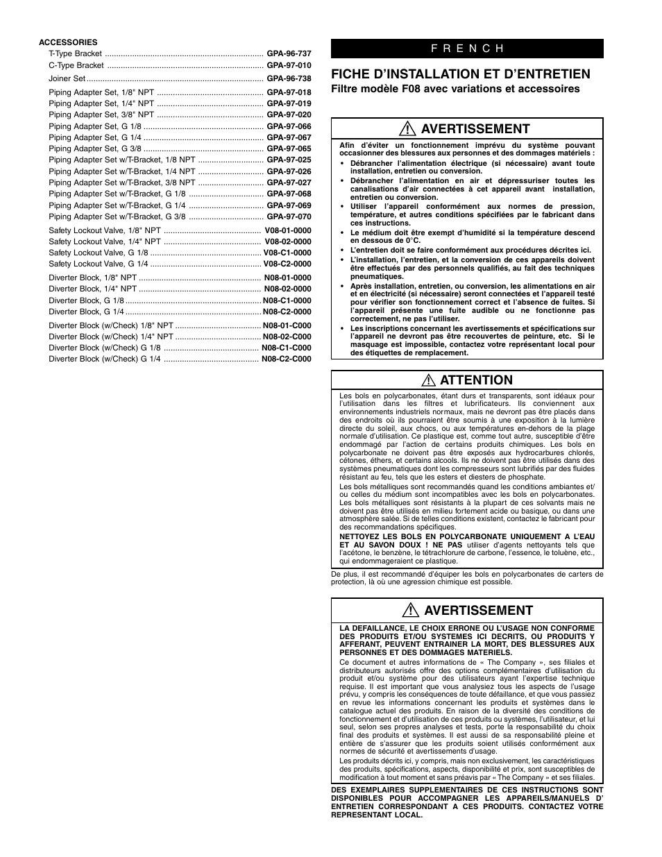 Avertissement, Attention, Fiche d’installation et d’entretien | Wilkerson F08 User Manual | Page 2 / 6