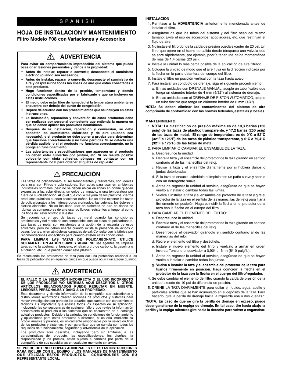 Advertencia, Precaución, Hoja de instalacion y mantenimiento | Wilkerson F08 User Manual | Page 4 / 6