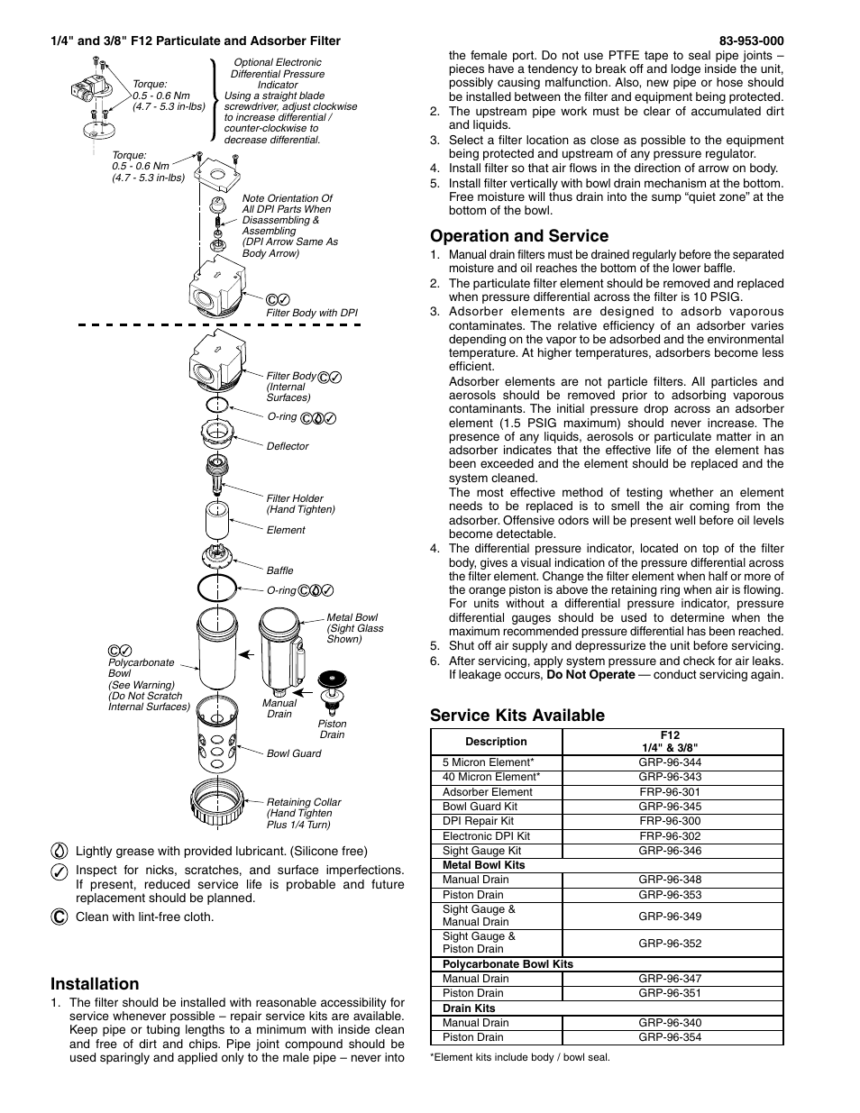 Installation, Operation and service, Service kits available | Wilkerson F12 User Manual | Page 2 / 6