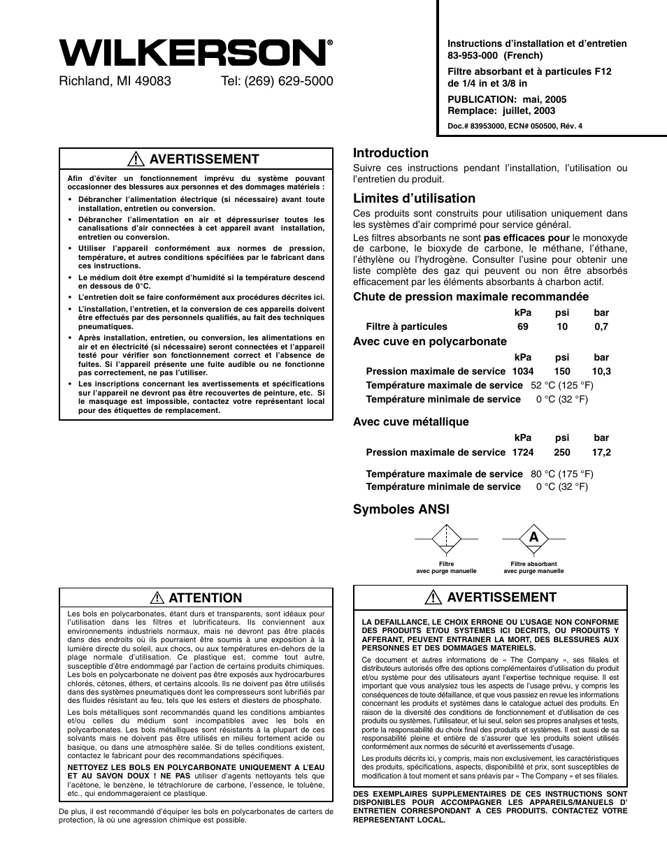 Introduction, Limites d’utilisation, Symboles ansi avertissement | Attention, Avertissement | Wilkerson F12 User Manual | Page 3 / 6
