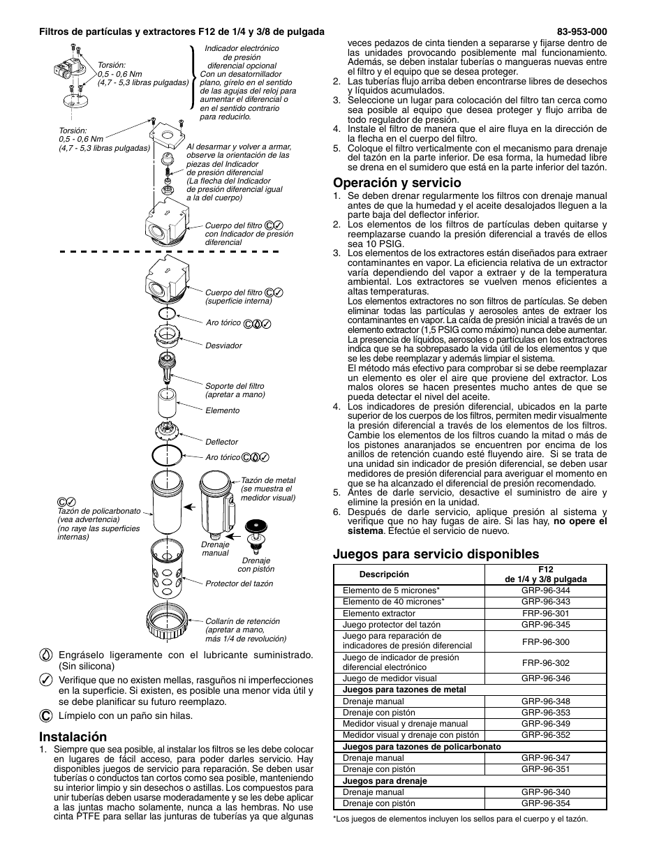 Juegos para servicio disponibles, Instalación, Operación y servicio | Wilkerson F12 User Manual | Page 6 / 6