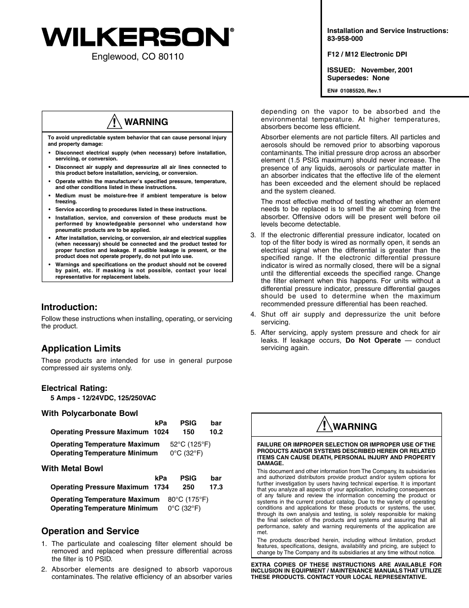 Wilkerson Electronic DPI for F12 User Manual | 2 pages