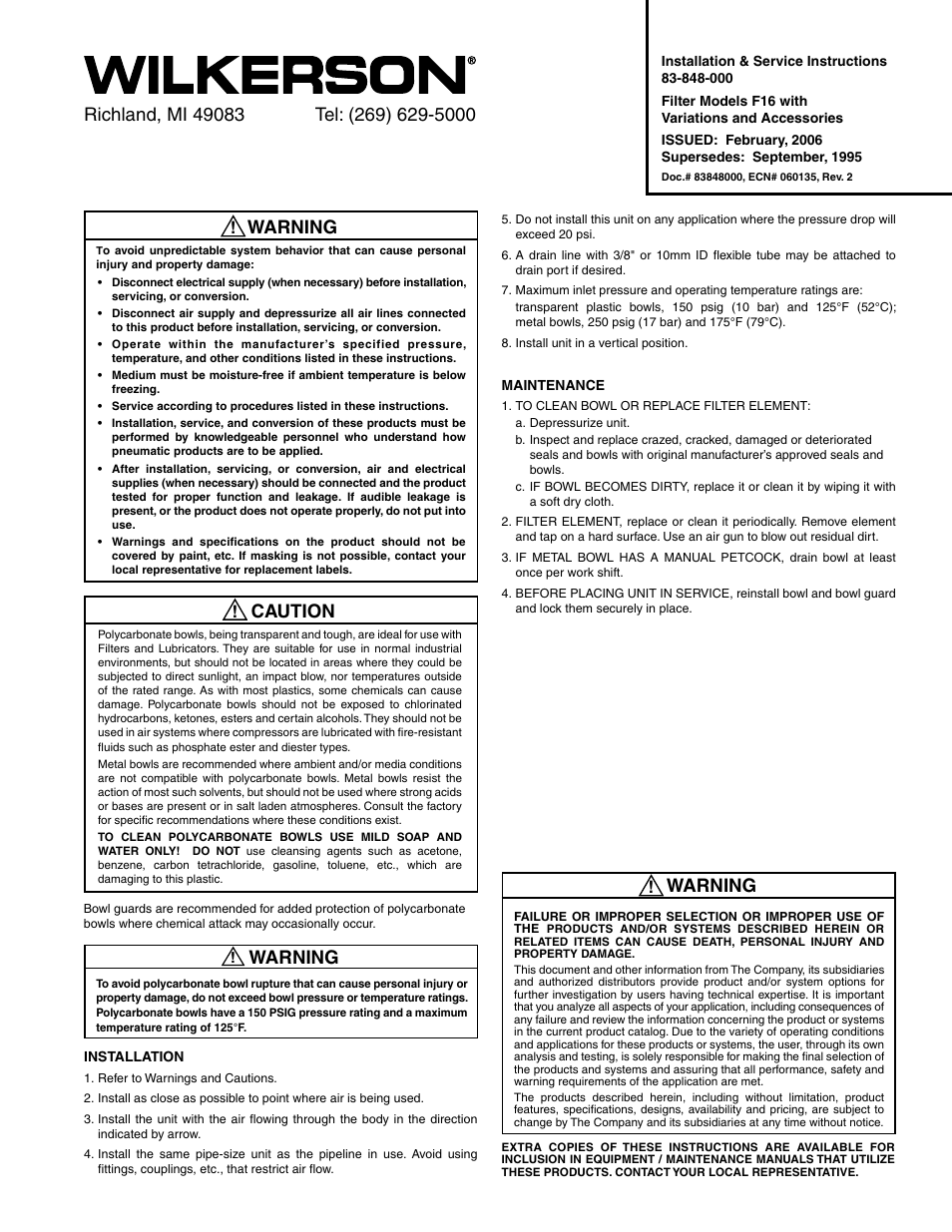 Wilkerson F16 User Manual | 2 pages