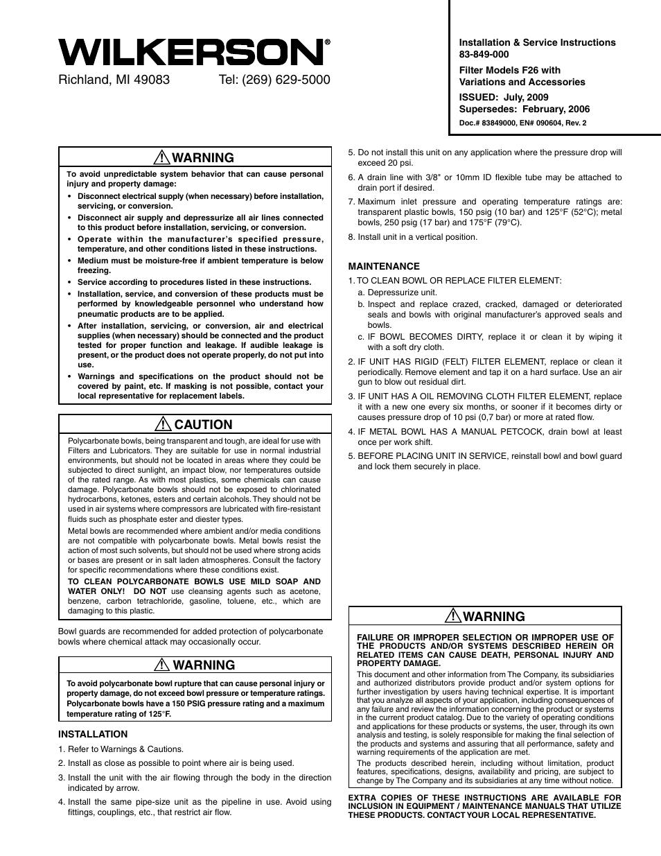 Wilkerson F26 User Manual | 2 pages