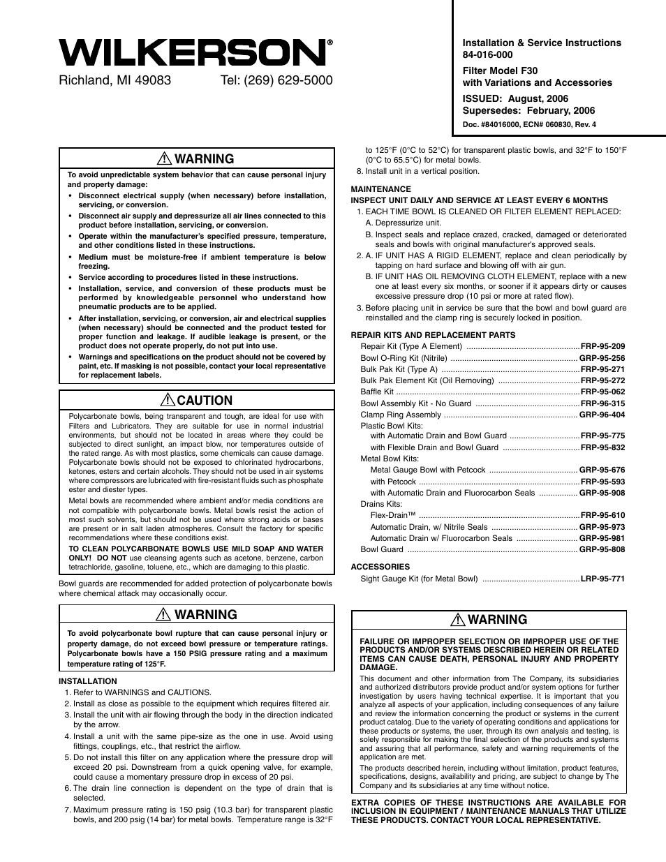 Wilkerson F30 User Manual | 4 pages