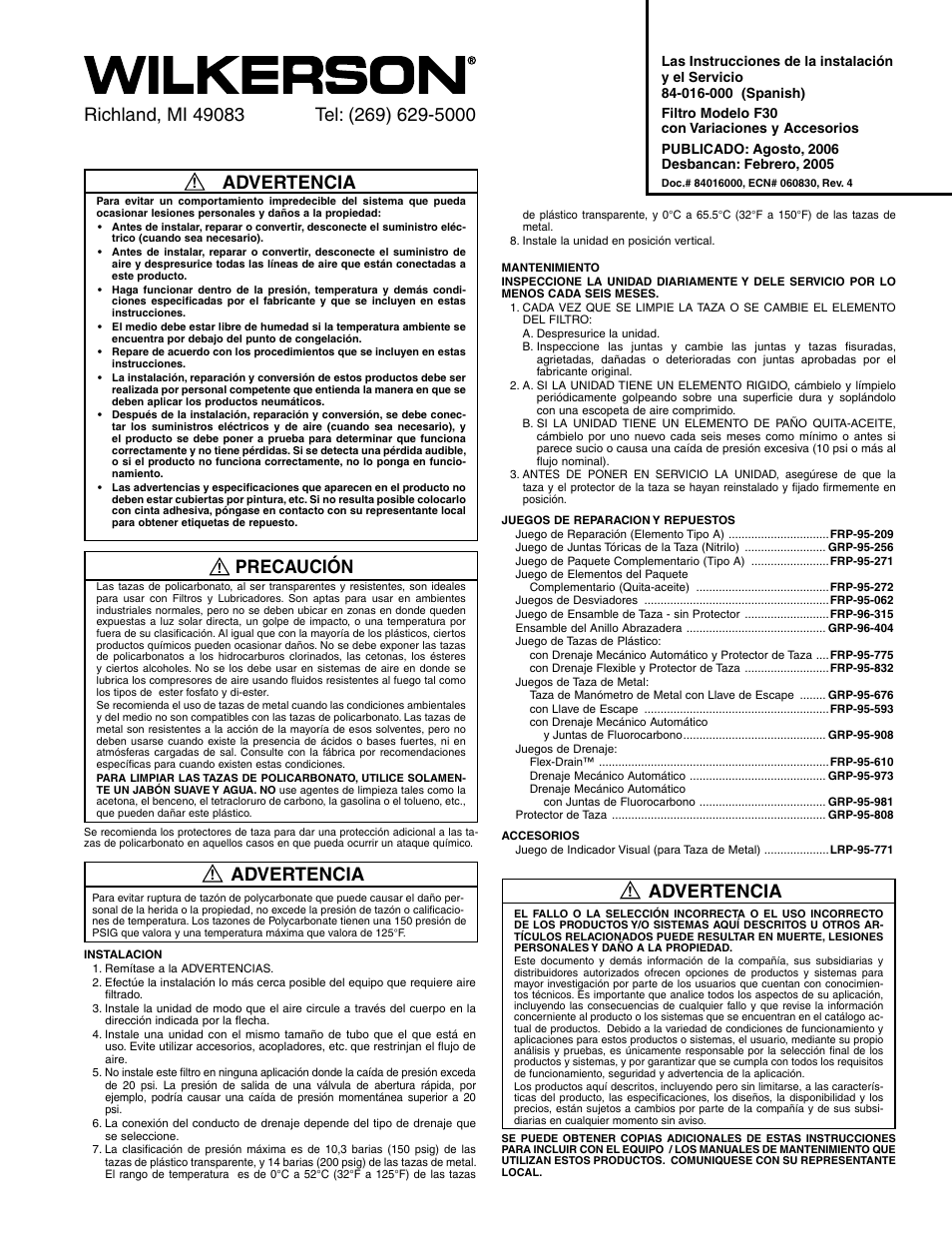 Advertencia, Precaución | Wilkerson F30 User Manual | Page 3 / 4