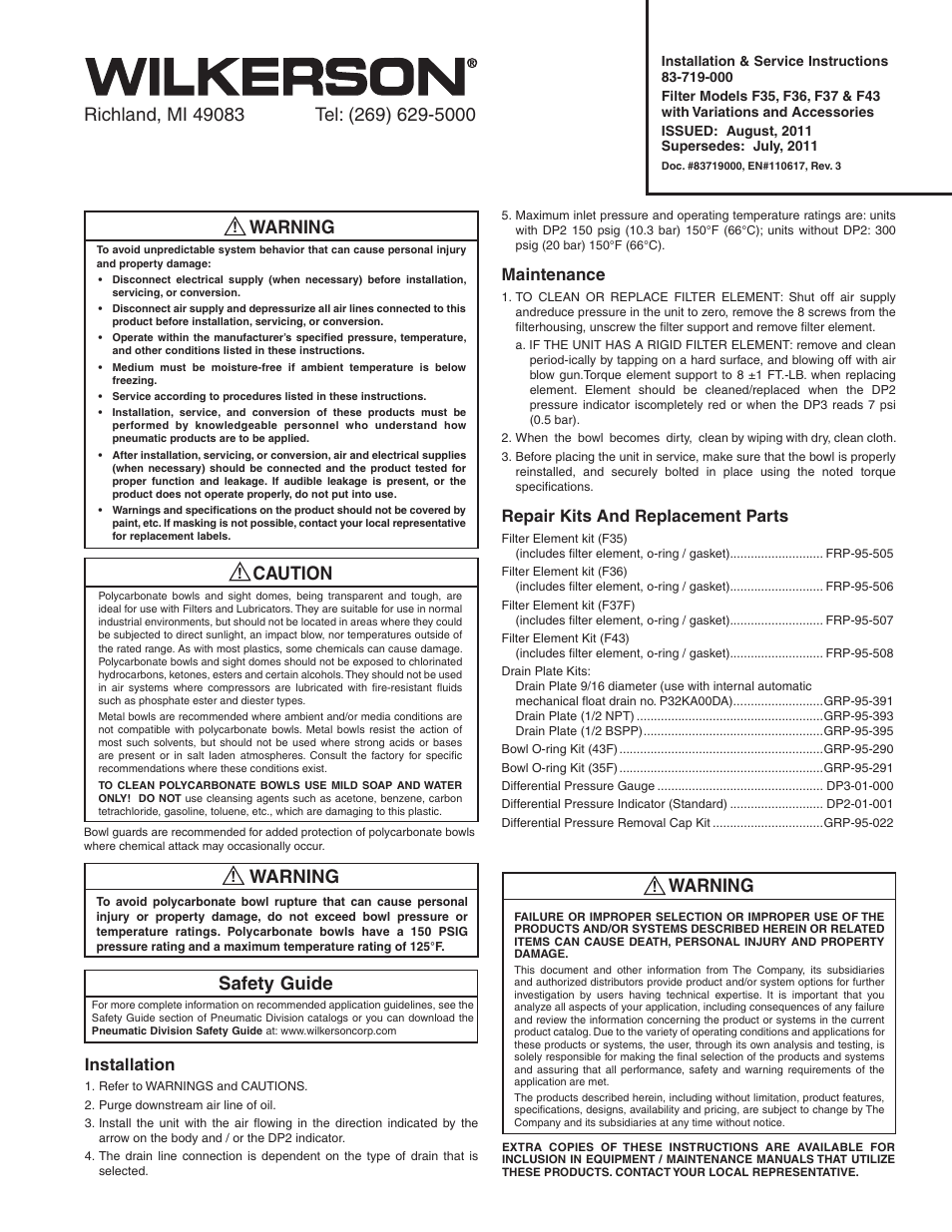 Wilkerson F37 User Manual | 2 pages