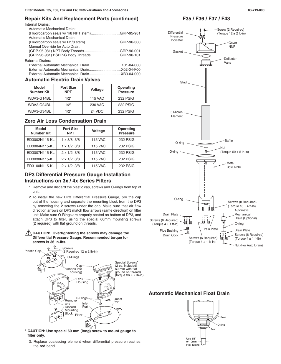 Automatic electric drain valves, Zero air loss condensation drain | Wilkerson F37 User Manual | Page 2 / 2