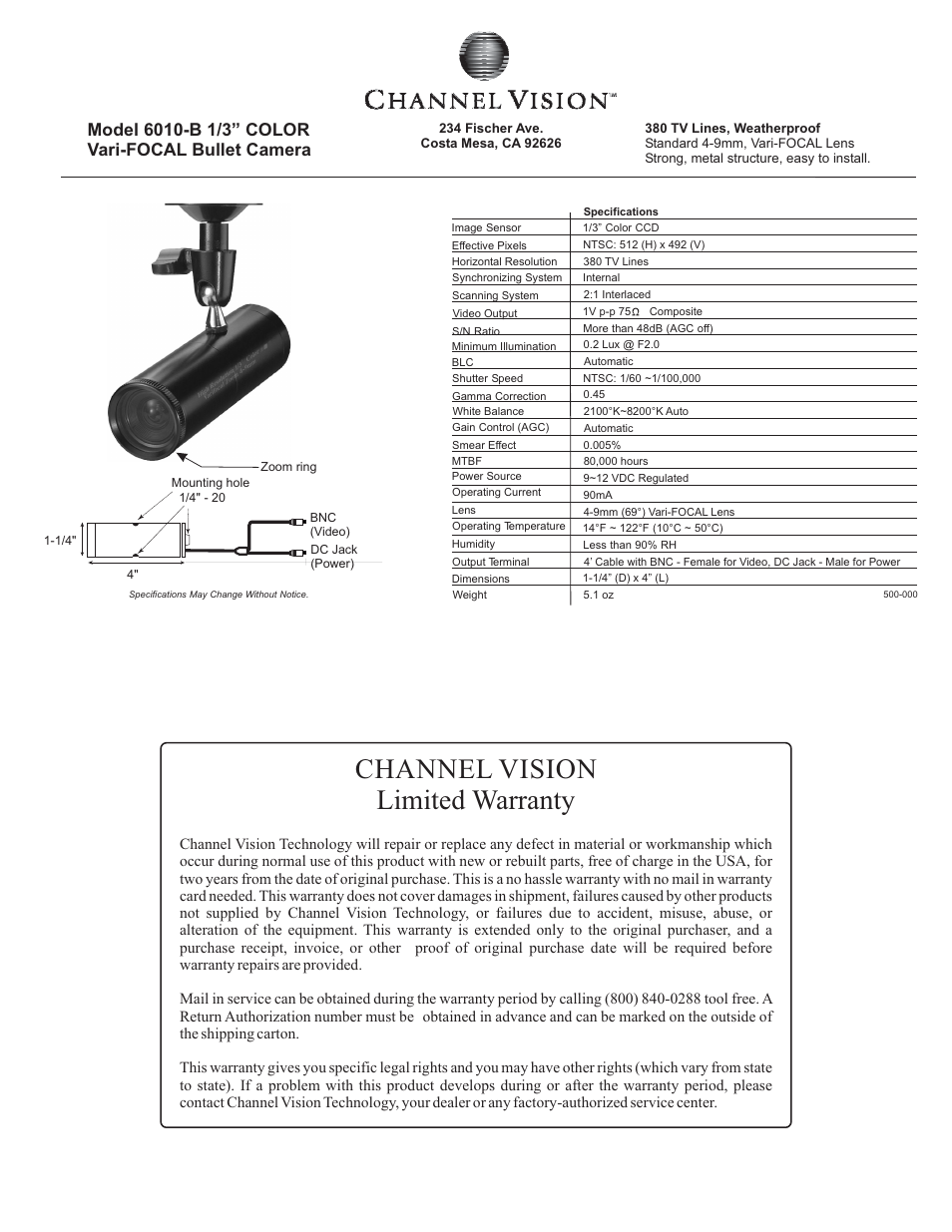 Channel Vision 6010-B User Manual | 1 page