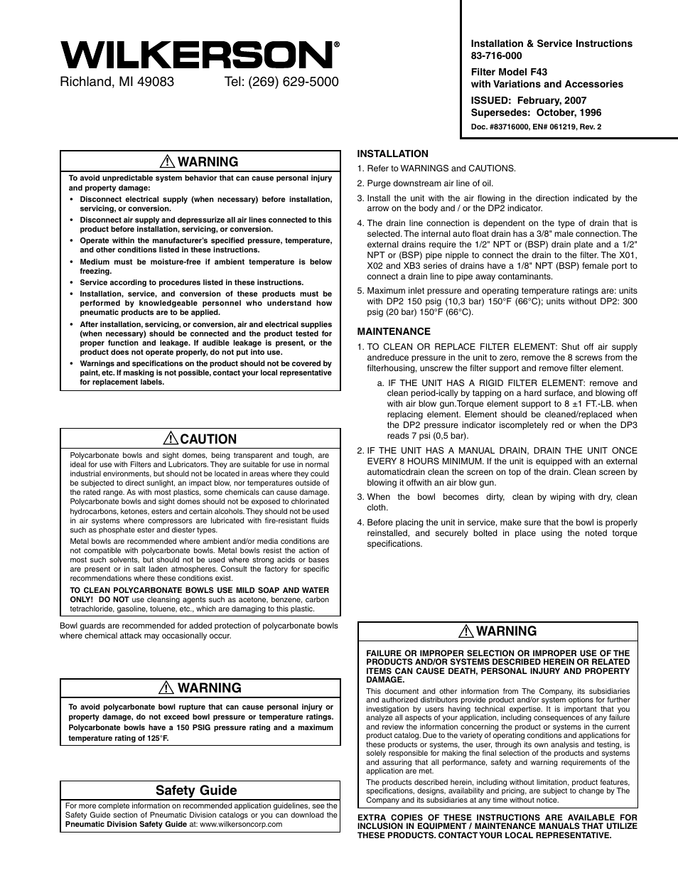 Wilkerson F43 User Manual | 2 pages