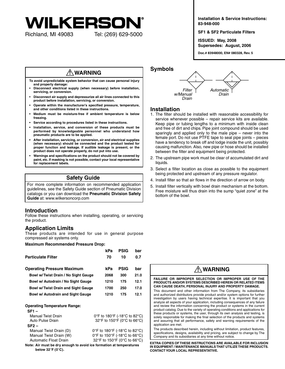 Wilkerson SF2 User Manual | 2 pages