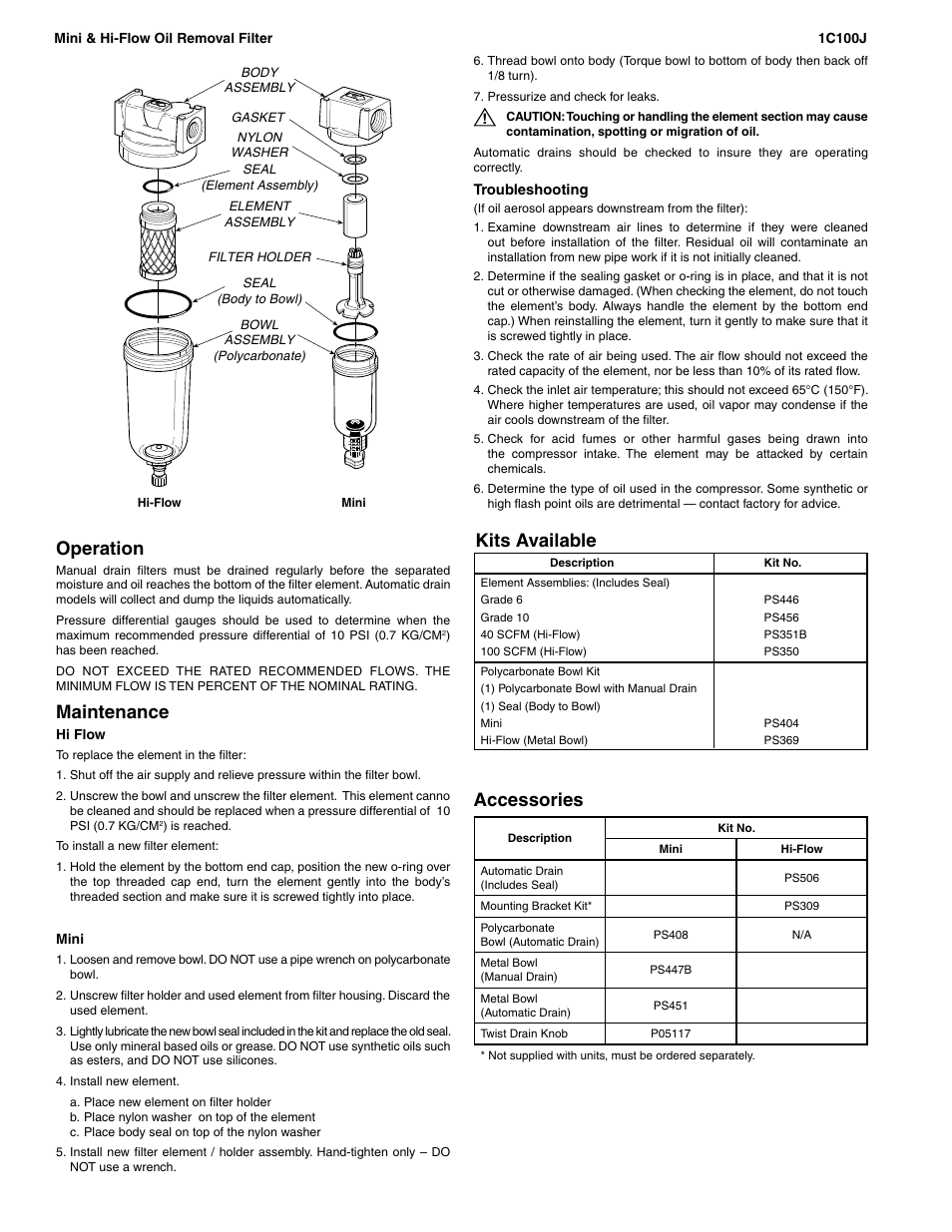 Kits available, Accessories operation, Maintenance | Wilkerson M03 User Manual | Page 2 / 2