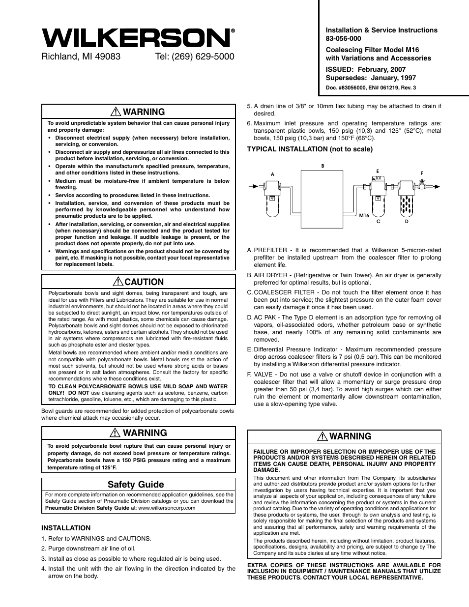 Wilkerson M16 User Manual | 2 pages