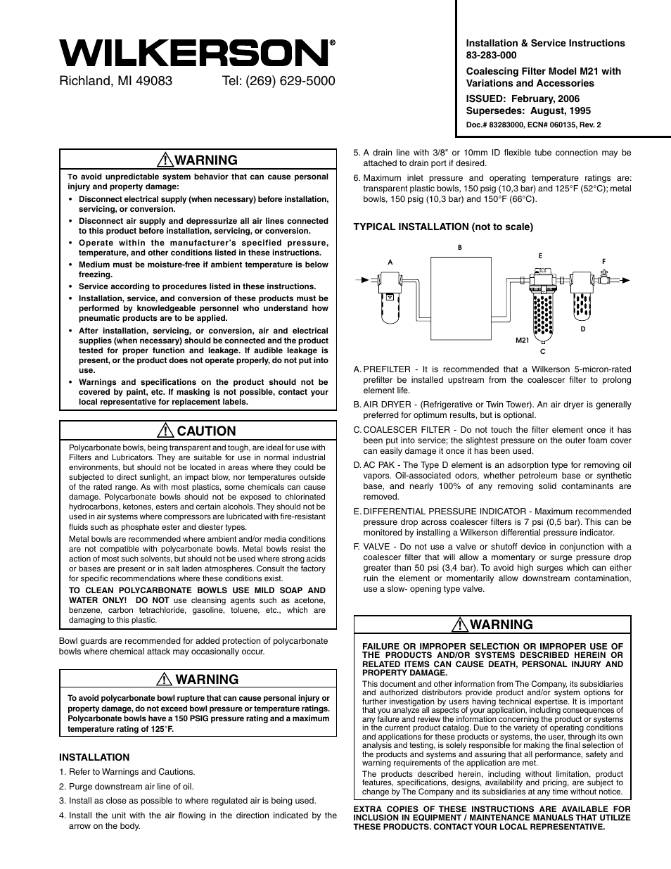 Wilkerson M21 User Manual | 2 pages