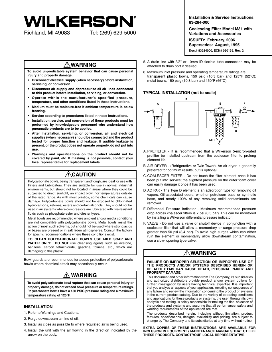 Wilkerson M31 User Manual | 2 pages