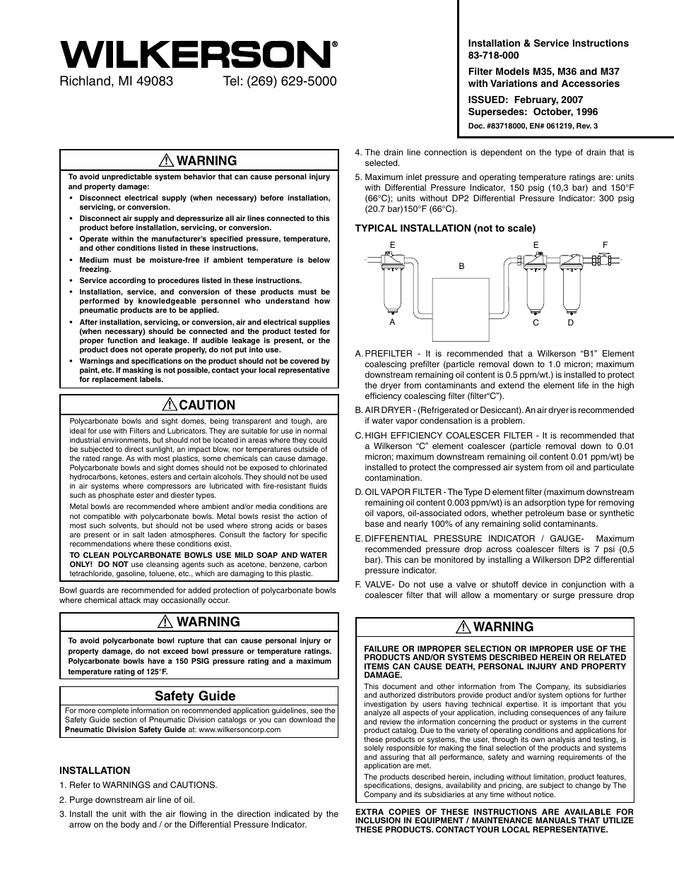 Wilkerson M37 User Manual | 2 pages