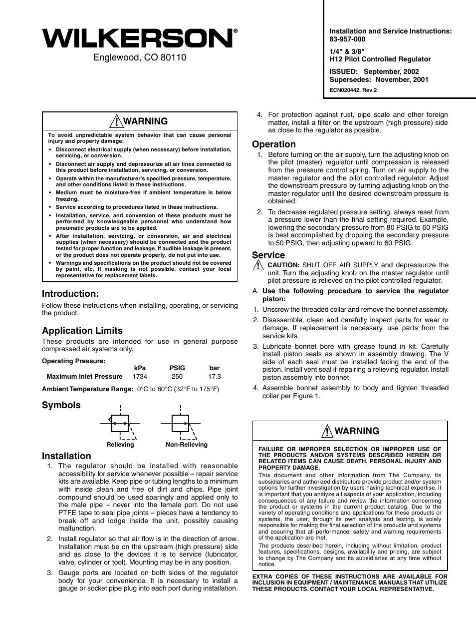 Wilkerson H12 User Manual | 2 pages