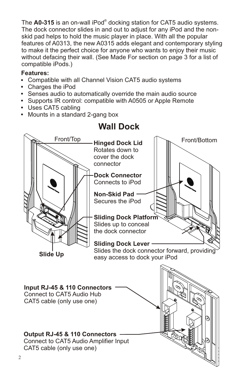 A0315-ins 2, Compatibility, Wall dock | Other required components, Installing the trim plate accessory, Front/top front/bottom, Charges the ipod, Uses cat5 cabling, Mounts in a standard 2-gang box, P-2044 | Channel Vision IBUS A0315 User Manual | Page 2 / 5