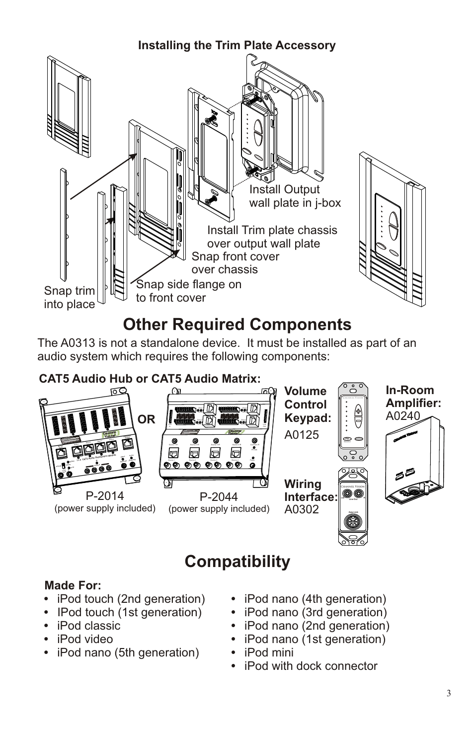 A0315-ins 3, Compatibility, Wall dock | Other required components, Installing the trim plate accessory, Front/top front/bottom, Charges the ipod, Uses cat5 cabling, Mounts in a standard 2-gang box, P-2044 | Channel Vision IBUS A0315 User Manual | Page 3 / 5