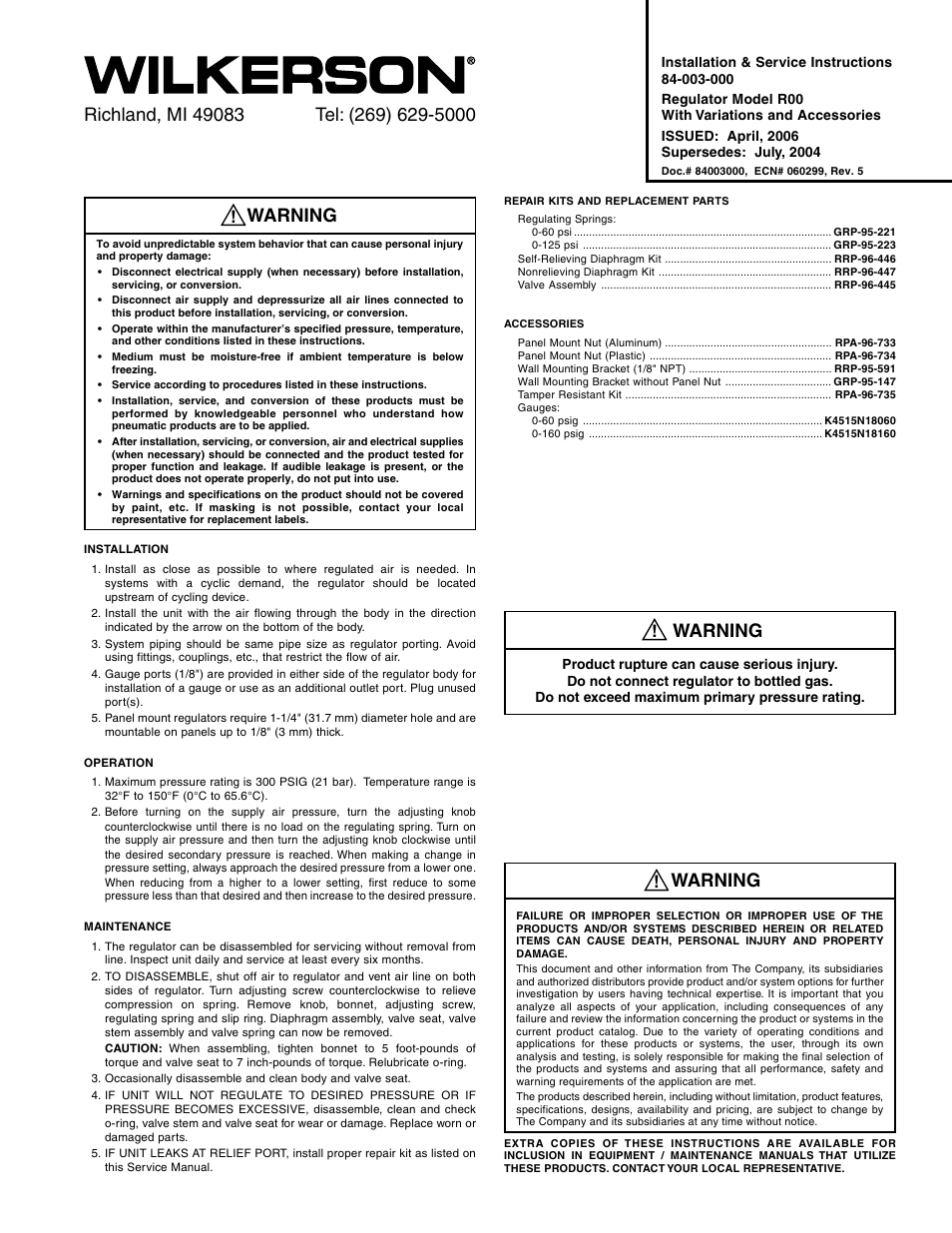 Wilkerson R00 User Manual | 4 pages