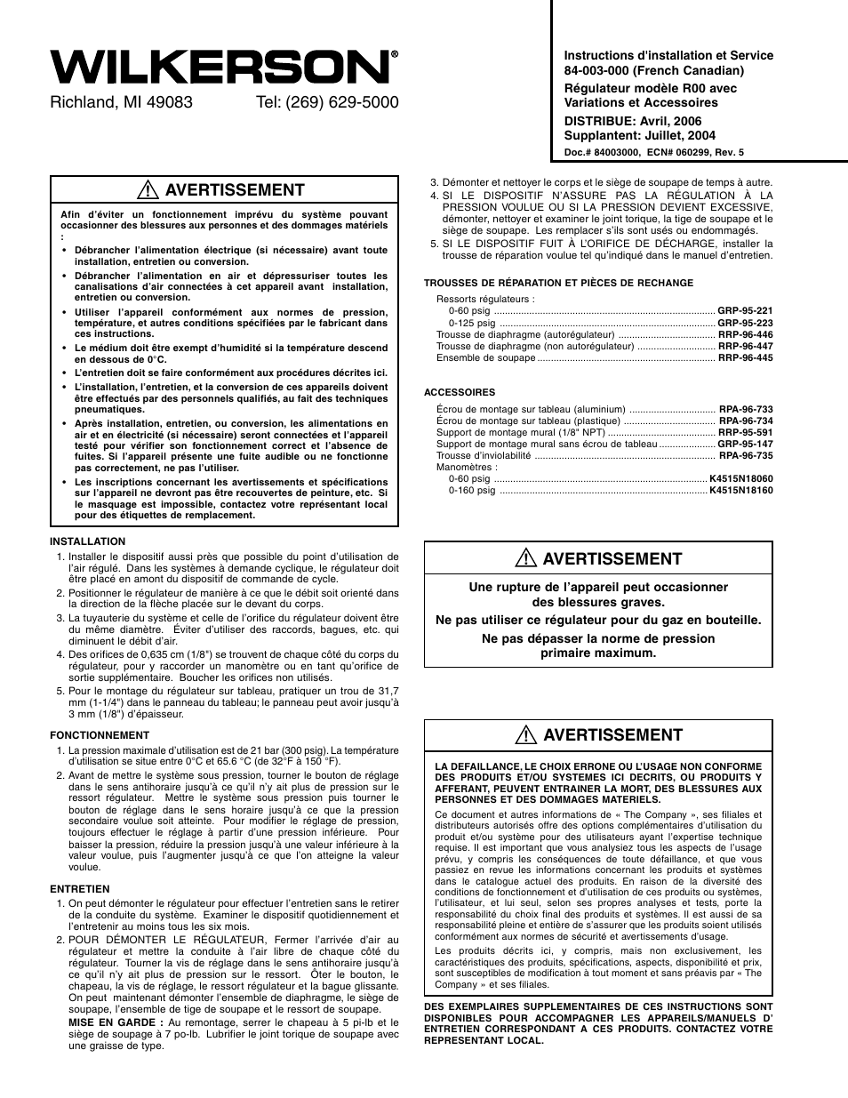 Avertissement | Wilkerson R00 User Manual | Page 2 / 4