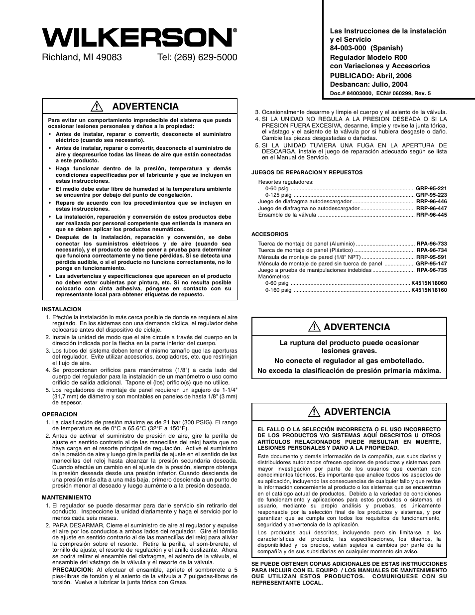Advertencia | Wilkerson R00 User Manual | Page 3 / 4