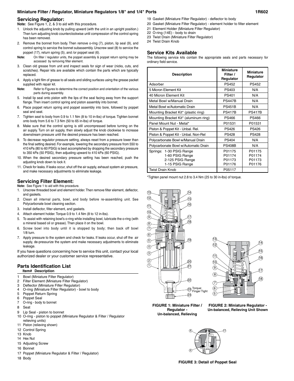 Servicing regulator, Servicing filter element, Parts identification list | Service kits available | Wilkerson B03 User Manual | Page 2 / 6