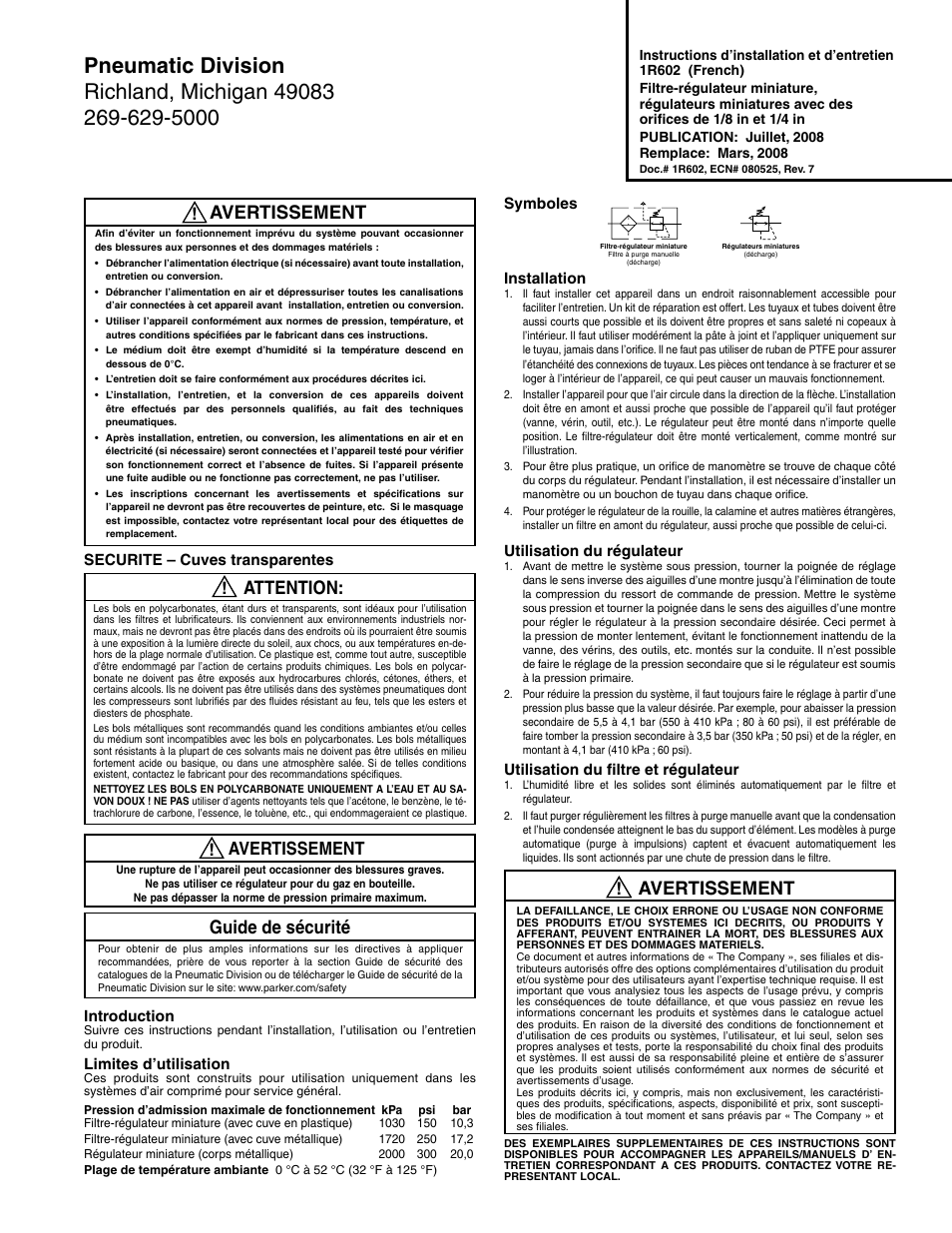 Avertissement, Attention, Guide de sécurité | Introduction, Limites d’utilisation, Securite – cuves transparentes, Symboles installation, Utilisation du régulateur, Utilisation du filtre et régulateur | Wilkerson B03 User Manual | Page 3 / 6