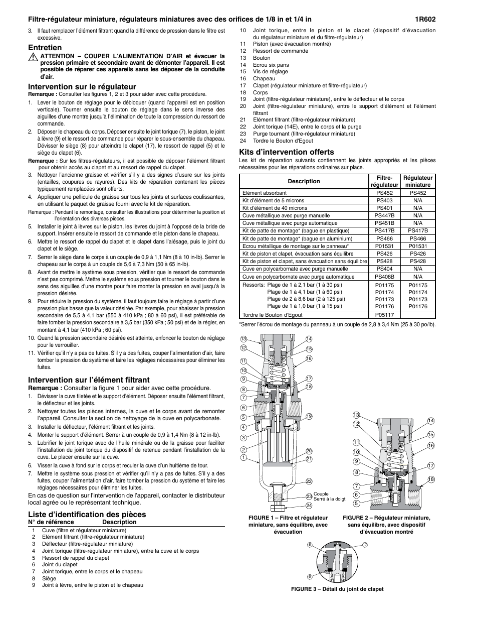 Entretien, Intervention sur le régulateur, Intervention sur l’élément filtrant | Liste d’identification des pièces, Kits d’intervention offerts | Wilkerson B03 User Manual | Page 4 / 6