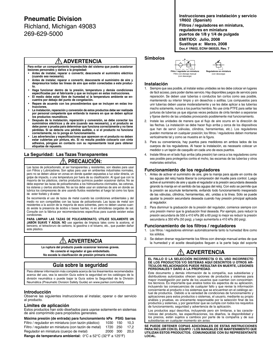 Advertencia, Guía sobre la seguridad, Precaución | Introducción, Límites de aplicación, Símbolos instalación, Funcionamiento de los reguladores, Funcionamiento de los filtros / reguladores, La seguridad: las tazas transparentes | Wilkerson B03 User Manual | Page 5 / 6