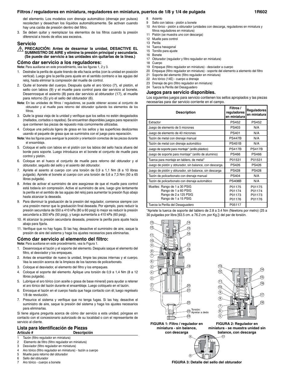 Servicio, Cómo dar servicio a los reguladores, Cómo dar servicio al elemento del filtro | Lista para identificación de piezas, Juegos para servicio disponibles | Wilkerson B03 User Manual | Page 6 / 6
