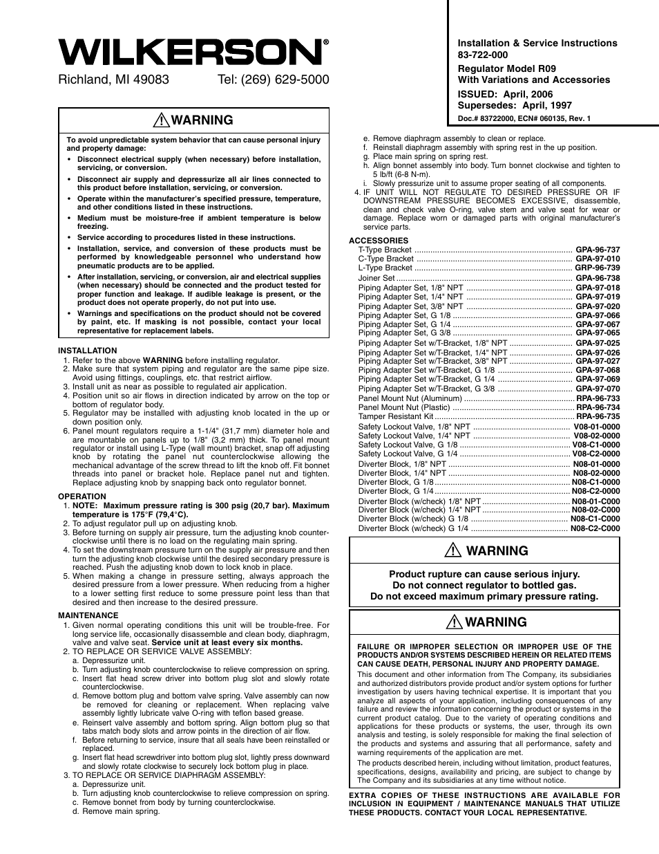 Wilkerson R09 User Manual | 2 pages