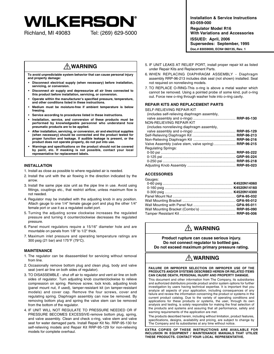 Wilkerson R16 User Manual | 2 pages