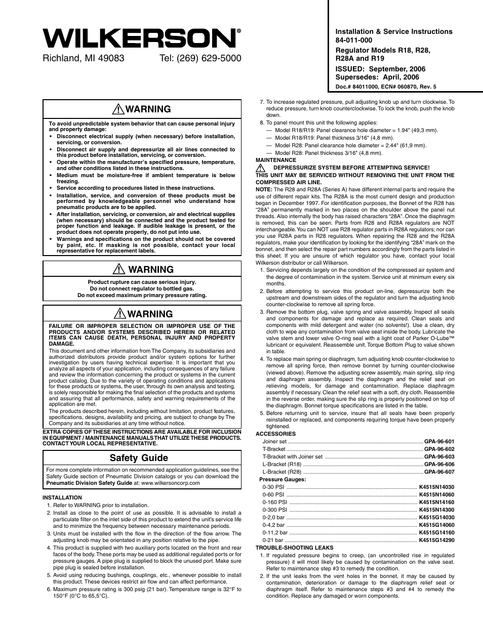 Wilkerson R28 User Manual | 6 pages