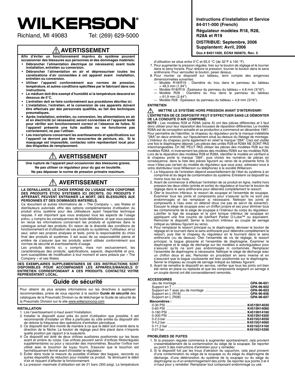 Avertissement, Guide de sécurité | Wilkerson R28 User Manual | Page 2 / 6