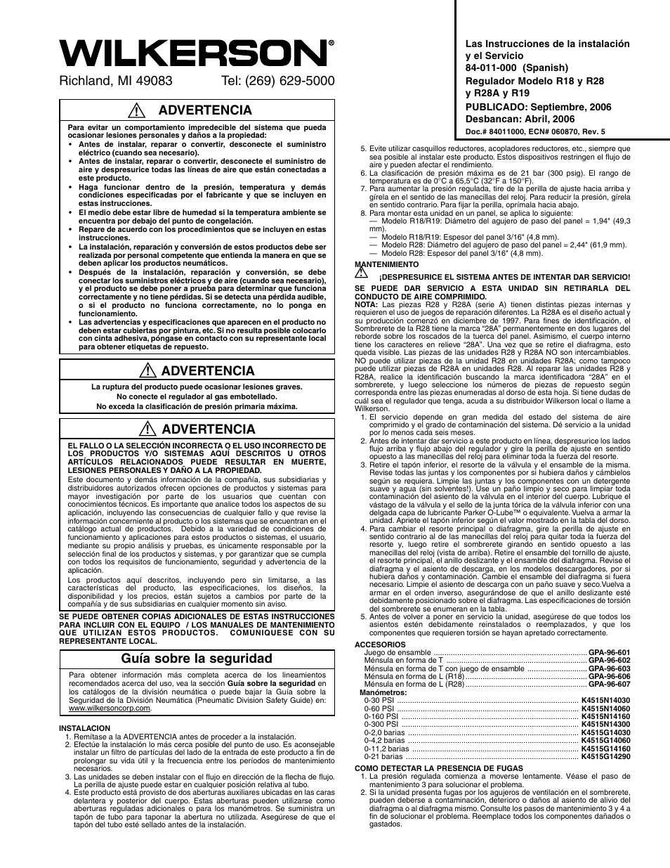Advertencia, Guía sobre la seguridad | Wilkerson R28 User Manual | Page 3 / 6
