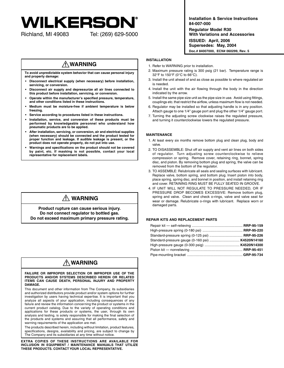 Wilkerson R30 User Manual | 4 pages