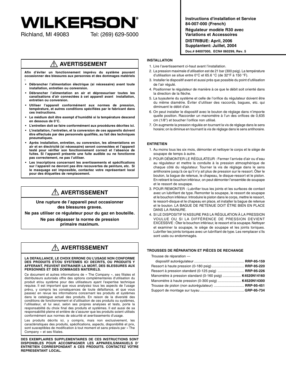 Avertissement | Wilkerson R30 User Manual | Page 2 / 4