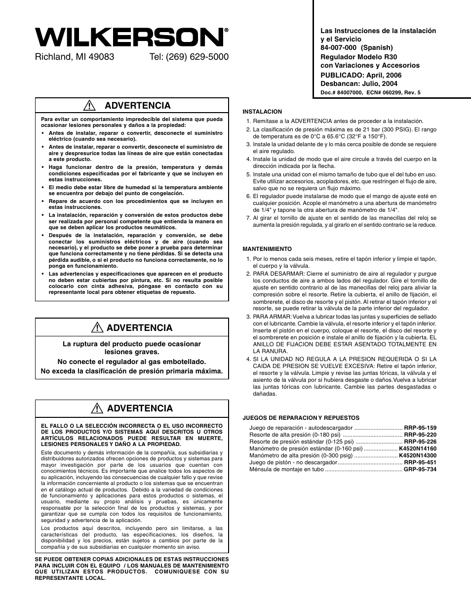 Advertencia | Wilkerson R30 User Manual | Page 3 / 4