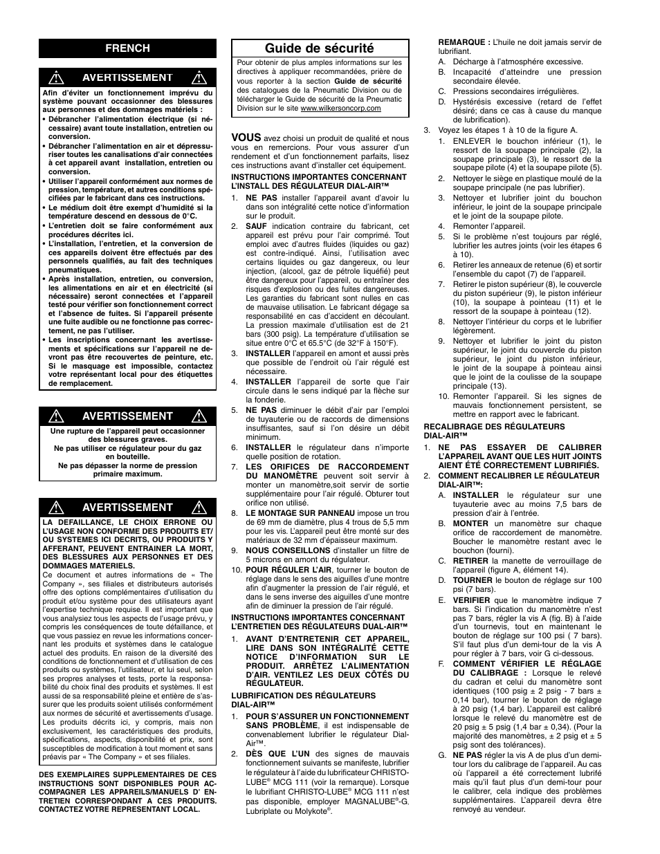 Guide de sécurité, Vous, French avertissement | Avertissement | Wilkerson Dial-Air Regulator User Manual | Page 2 / 8