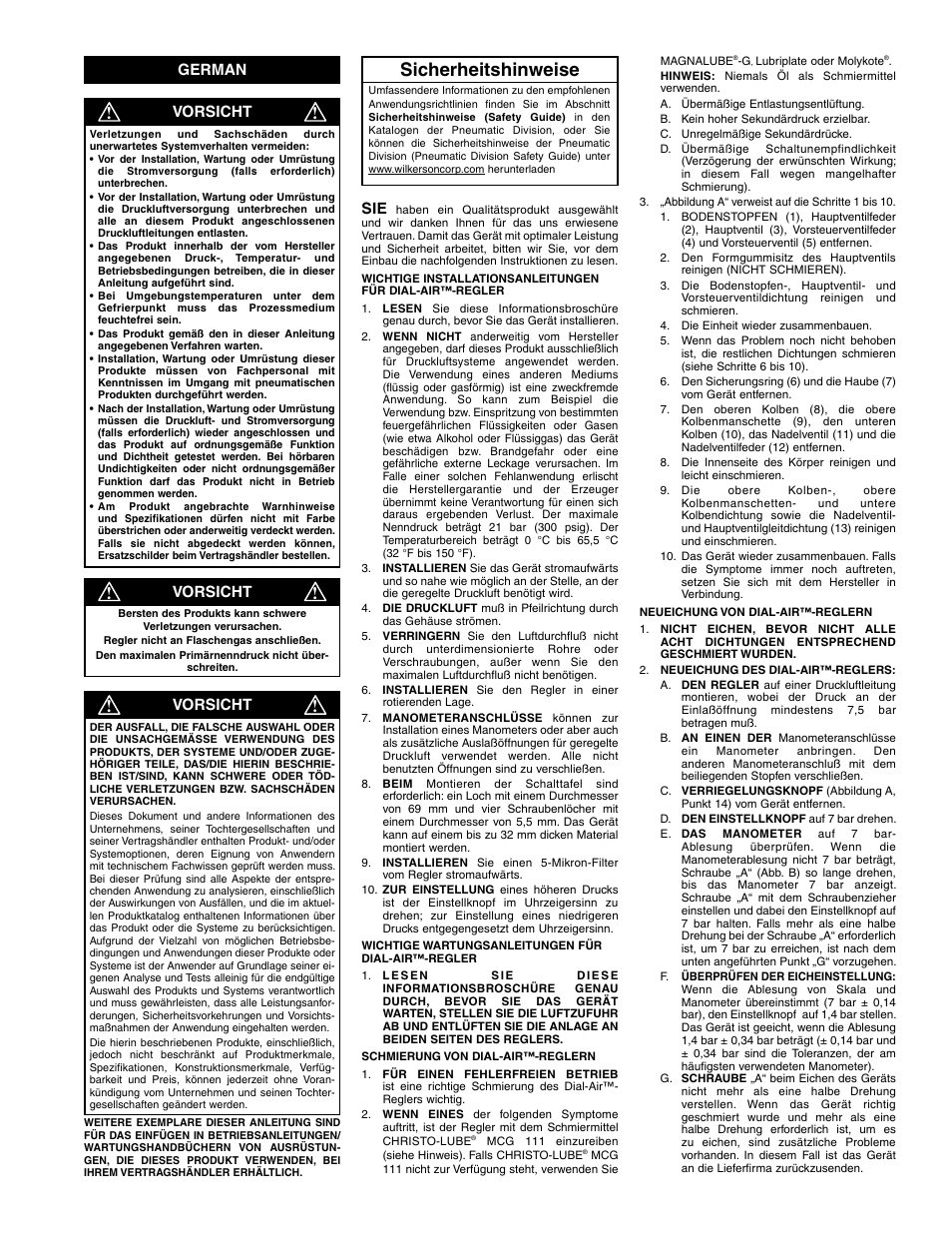 Sicherheitshinweise, German sie, Vorsicht | Wilkerson Dial-Air Regulator User Manual | Page 3 / 8