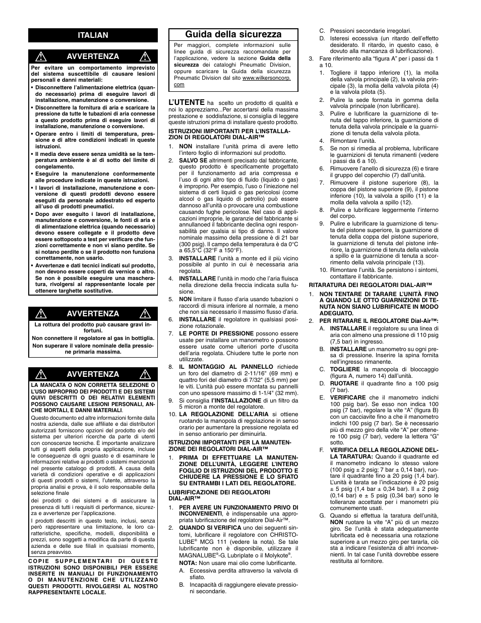 Guida della sicurezza, Italian l’utente, Avvertenza | Wilkerson Dial-Air Regulator User Manual | Page 4 / 8