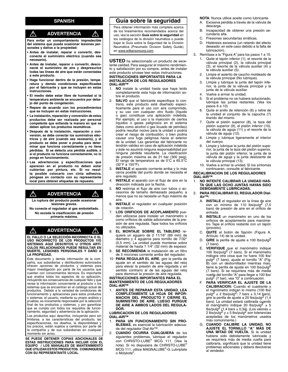 Guía sobre la seguridad, Spanish usted, Advertencia | Wilkerson Dial-Air Regulator User Manual | Page 5 / 8