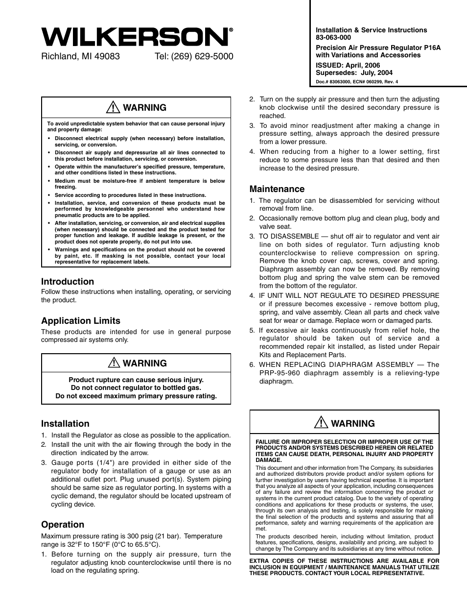 Wilkerson P16A User Manual | 2 pages