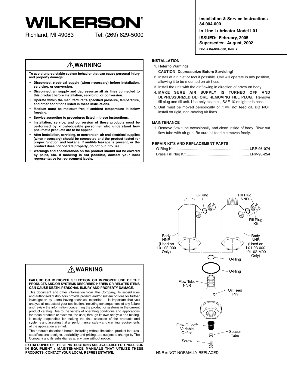 Wilkerson L01 User Manual | 3 pages