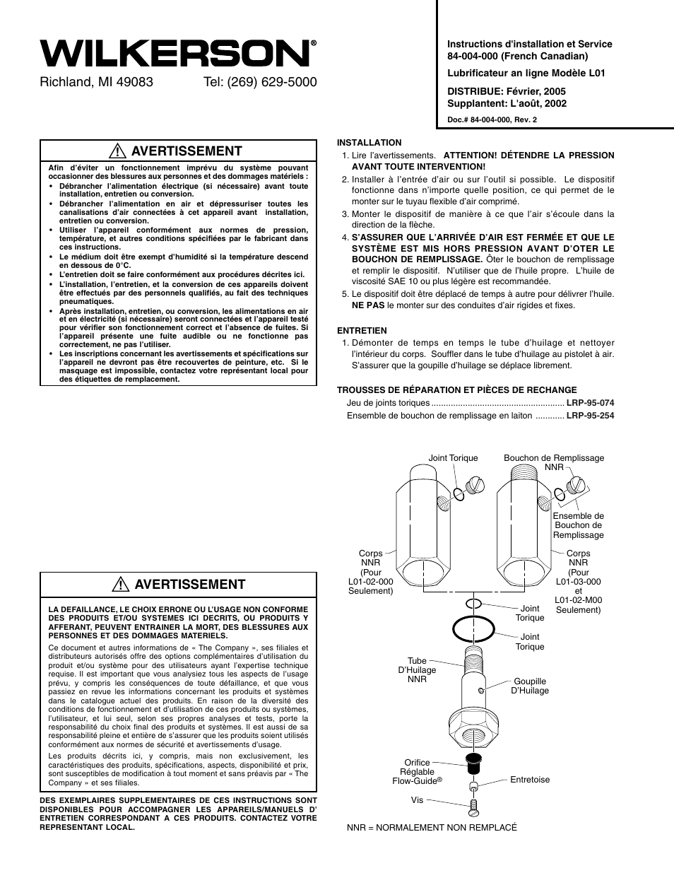 Avertissement | Wilkerson L01 User Manual | Page 2 / 3