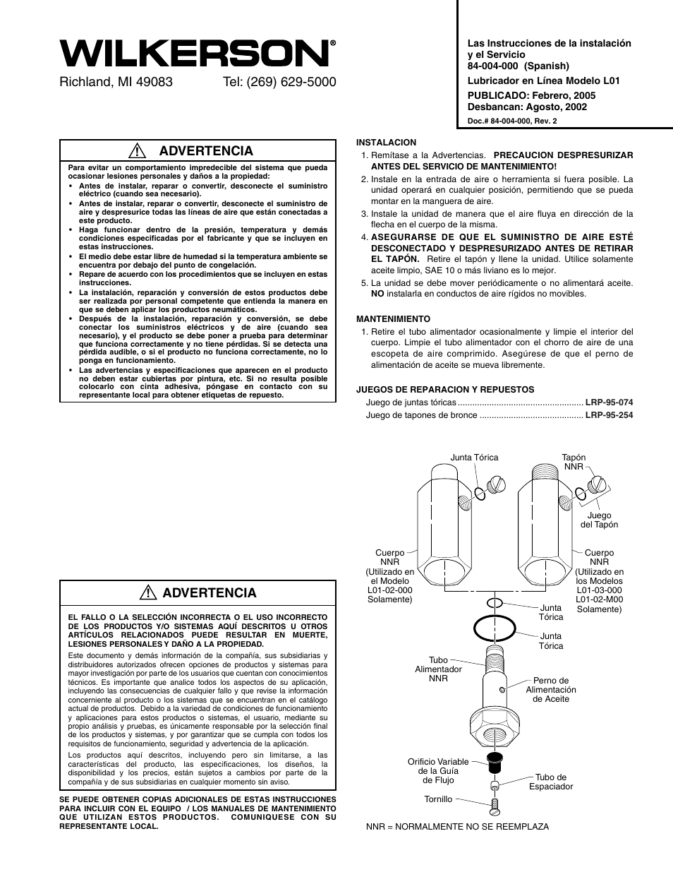 Advertencia | Wilkerson L01 User Manual | Page 3 / 3