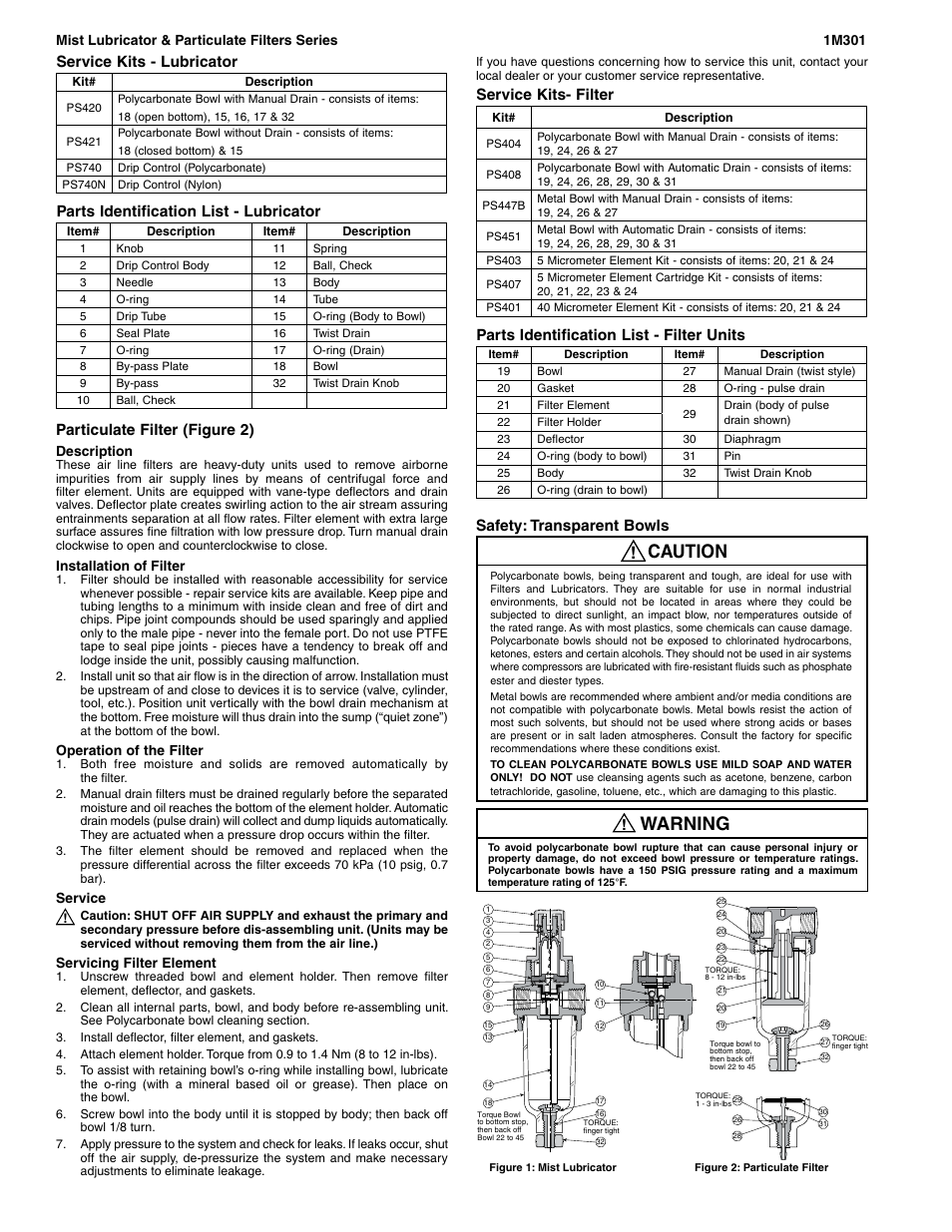 Warning, Caution, Particulate filter (figure 2) | Parts identification list - lubricator, Service kits - lubricator, Service kits- filter, Parts identification list - filter units, Safety: transparent bowls | Wilkerson L03 User Manual | Page 2 / 2