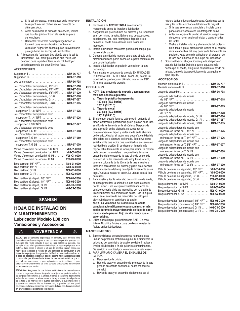 Hoja de instalacion y mantenimiento, Lubricador modelo l08 con variaciones y accesorios, Advertencia | Spanish | Wilkerson L08 User Manual | Page 2 / 4