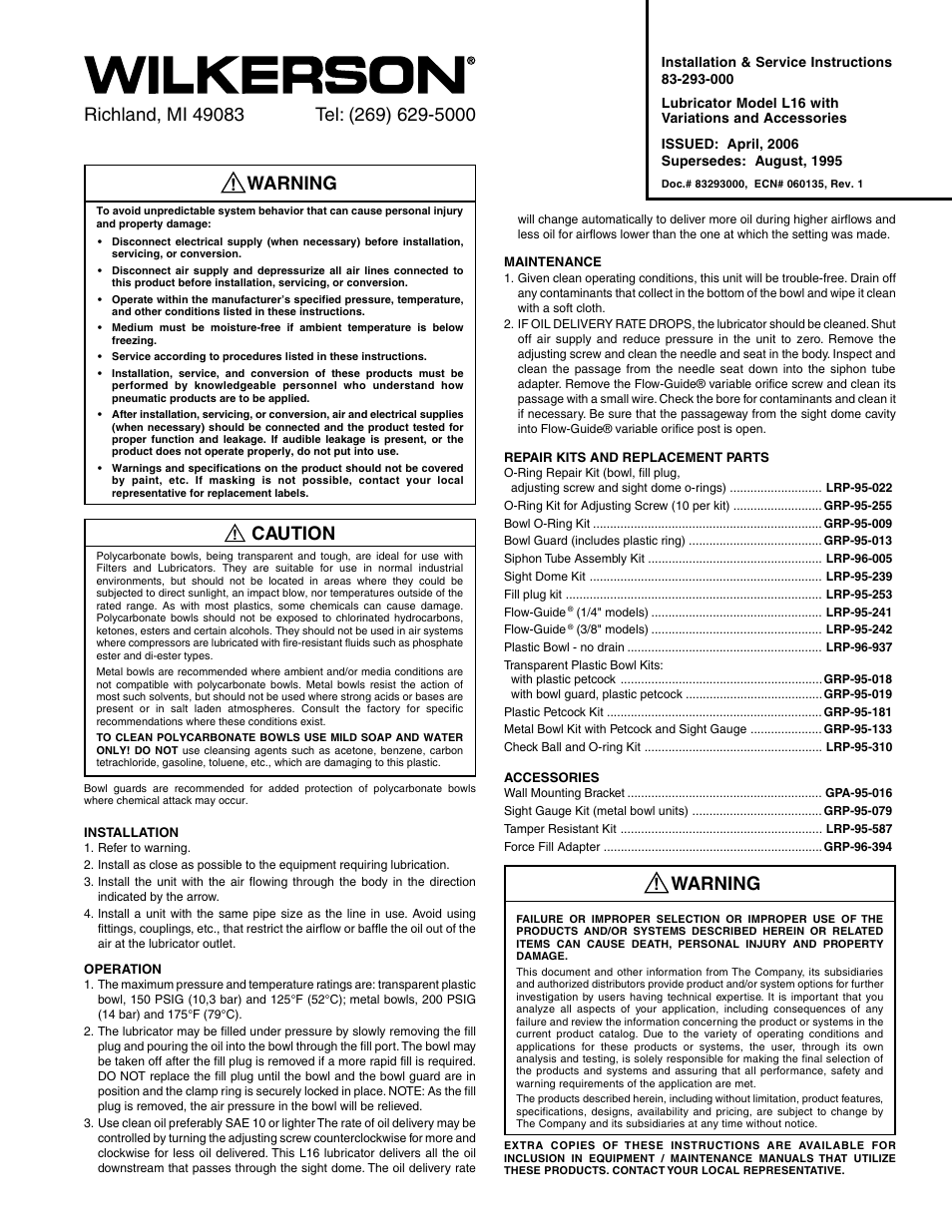 Wilkerson L16 User Manual | 2 pages